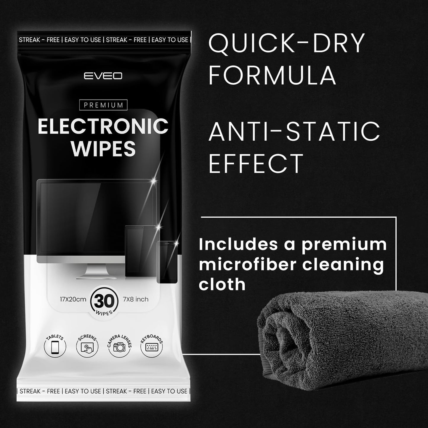 EVEO Electronic Wipes Screen Cleaner-TV Screen Cleaner Wipes, Computer Screen Cleaner, Laptop Screen Cleaner, ipad & Monitor Cleaner, TV Cleaner Screen Cleaning Wipes - [90 Wipes + Microfiber Cloth ]