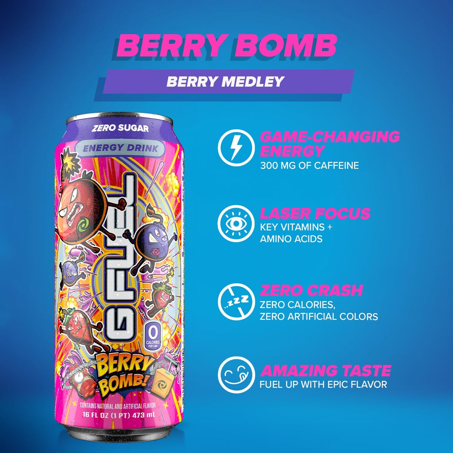 G Fuel Berry Bomb Energy Drink, Sugar Free, Healthy Drinks, Zero Calorie, 300 mg Caffeine per Carbonated Can, Focus Amino, Vitamin + Antioxidants Blend - 12 Pack