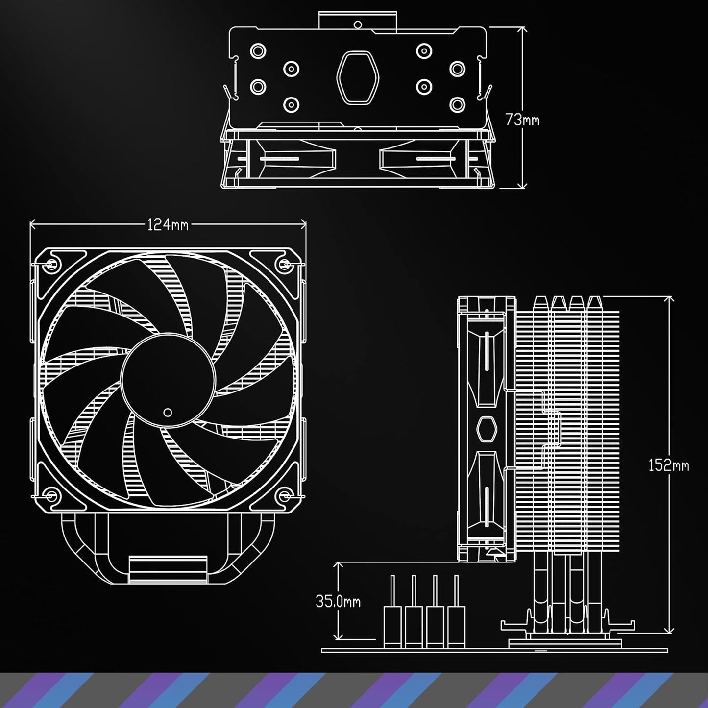 Cooler Master Hyper 212 Spectrum V3 ARGB CPU Air Cooler, 120mm PWM Fan, 4 Heat Pipes, Silver Nickel-Plated Copper, 152mm Tall, AMD Ryzen AM5|AM4, Intel LGA 1851|1700|1200 Brackets
