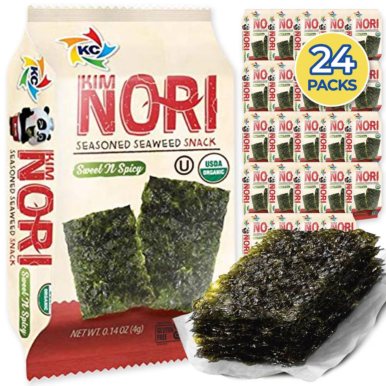 KIMNORI Seasoned Seaweed Snacks Sheets – Organic Sweet 'N Spicy Flavor 24 Individual Packs Roasted Crispy Premium 100% Natural Laver Kim Nori 4g 0.14 Ounce 김 のり 海苔 紫菜