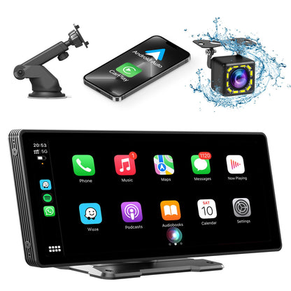 10.26" Wireless CarPlay Screen for Car,Wireless Apple CarPlay & Android Auto,Portable Car Stereo with GPS Navigation,Backup Camera,Bluetooth,Mirror Link,Drive Play,Touch Screen for All Vehicles