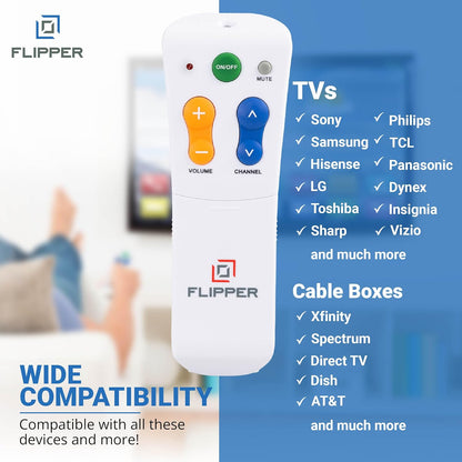 Flipper Big Button Universal TV Remote for Seniors, Dementia - TVs and Cable Set Top Boxes (STBs) - Favorites, IR Devices Like Spectrum, Xfinity, Dish, Samsung, LG, Vizio, [Does not Work Streaming]