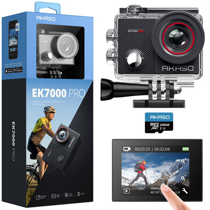 AKASO EK7000 Pro 4K30fps Action Camera with Touch Screen EIS 131ft Waterproof Camera Remote Control 5X Zoom Underwater Camera with Helmet Accessories Kit (with 128GB MicroSD Card)