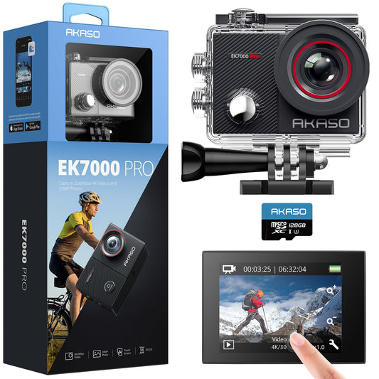 AKASO EK7000 Pro 4K30fps Action Camera with Touch Screen EIS 131ft Waterproof Camera Remote Control 5X Zoom Underwater Camera with Helmet Accessories Kit (with 128GB MicroSD Card)