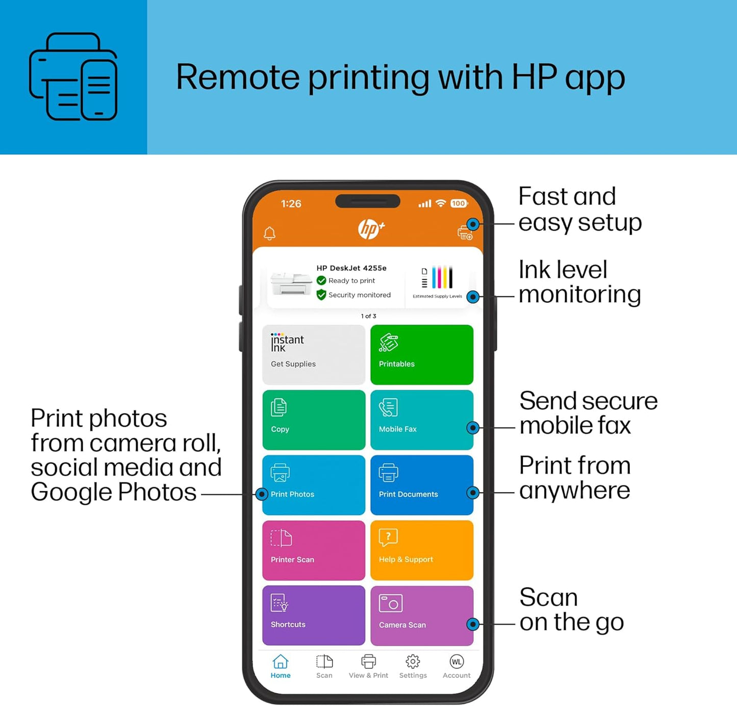 HP DeskJet 4255e Wireless All-in-One Color Inkjet Printer, Scanner, Copier, Best-for-Home, 3 Months of Ink Included (588S6A)