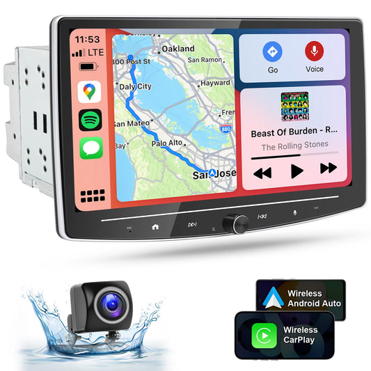 10 Inch Double Din Car Stereo Touchscreen - Detachable Floating QLED Car Radio with Apple Wireless CarPlay, Android Auto, Bluetooth, Live Rear View Camera, 2.1 Channel Audio Multimedia Receivers