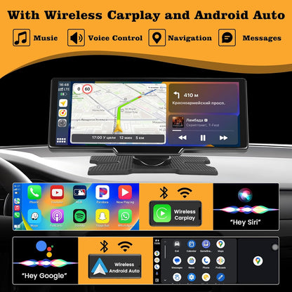 Hikity Wireless Carplay Touchscreen with 2.5K Dash Cam, 9.3 Inch Portable Android Auto CarPlay Unit Car Radio with 1080P Backup Camera 64G TF WiFi Video Airplay Voice Control