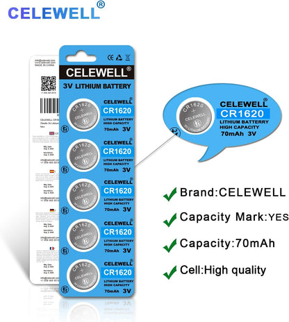 CR1620 5 Pack for Key Fob Tracker 70mAh 3V Lithium Battery 【5-Year Warranty】