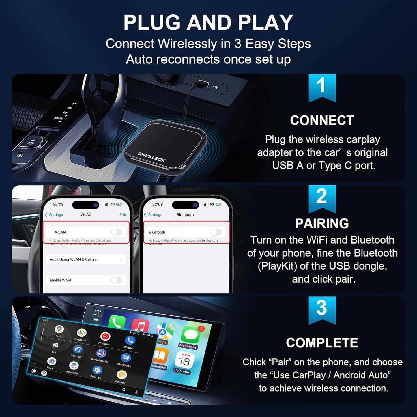 Bolidut 4 in 1 Wireless CarPlay Android Auto Wireless Adapter for iPhone, Upgrade Convert Smart AI Box Fits Netflix YouTube TikTok Stream Media Play Store TF Card for Cars with Wired Carplay (Black)