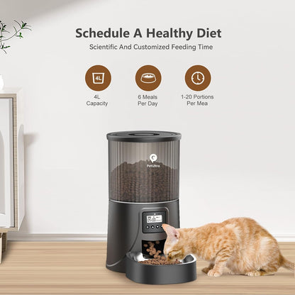Automatic Cat Food Dispenser, Automatic Cat Feeder Programmable Portion Control, 4L Timed Auto Dog Feeders with Stainless Steel Bowl, Desiccant Bag, Dual Power Supply