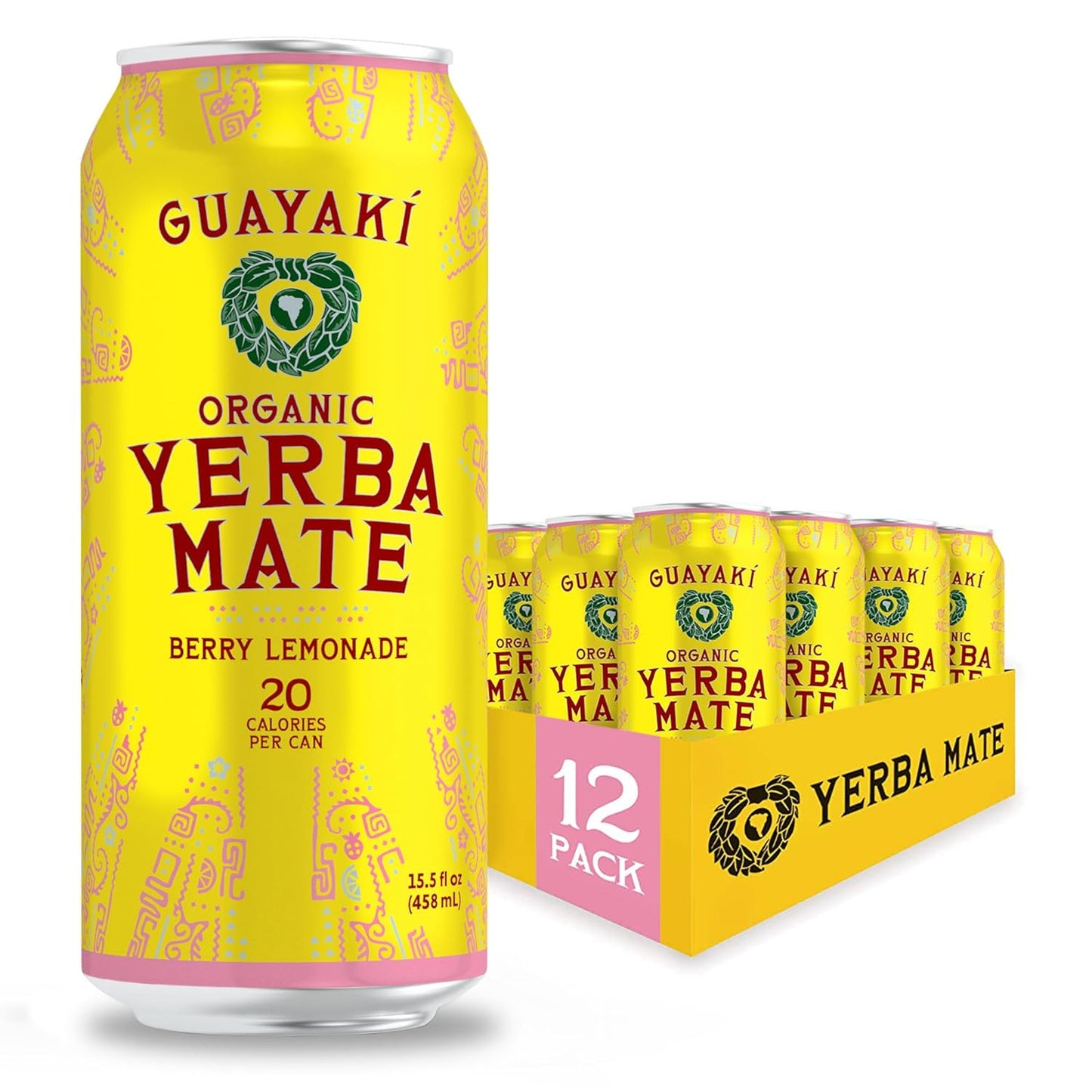 Guayakí Yerba Mate, Energy Drink Alternative, Organic Berry Lemonade Flavor, 15.5 Oz (Pack of 12), Low Sugar, Low Calorie, 150mg Natural Caffeine, Smooth Energy & Focus