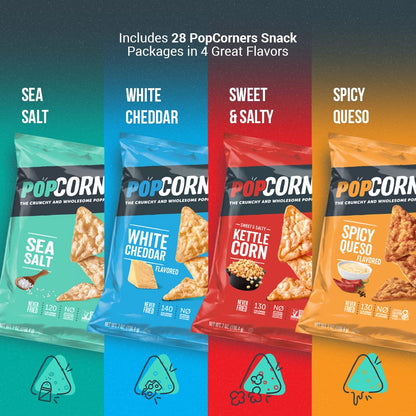 Pop-Corners Snacks Gluten Free Chips, 5 Flavor Variety Pack 28 Count 1 oz Bags Packaged By Doomi, Individual Snack Bags in Sea Salt, White Cheddar, Sweet & Salty, Cinnamon Crunch and Spicy Queso Flavors - Low-Calorie Popcorn Chips for Snacking Care P