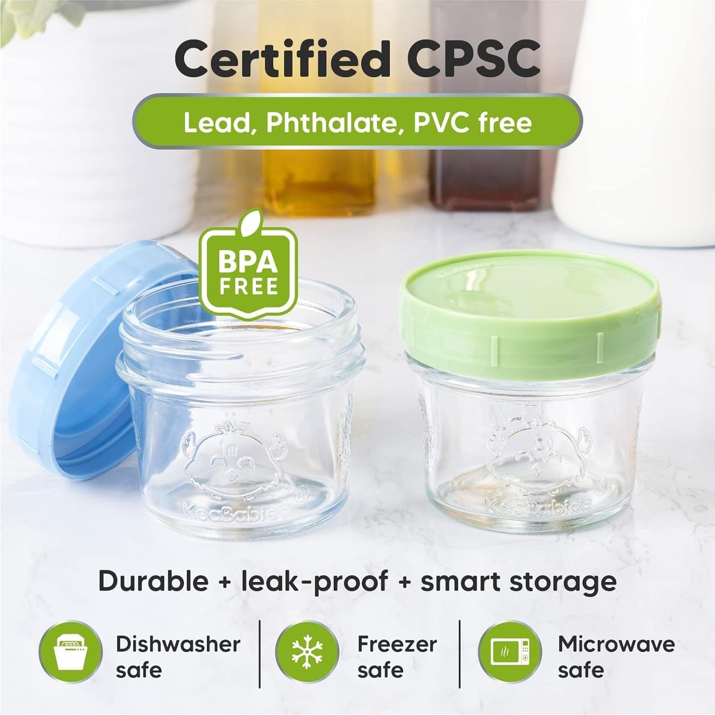 KeaBabies 12pk 4oz Glass Baby Food Containers - Leak-Proof, Microwavable Small Baby Glass Jars with Lids, Baby Food Storage Containers, Baby Snack Containers, BPA-Free Baby Food Jars (Nord)