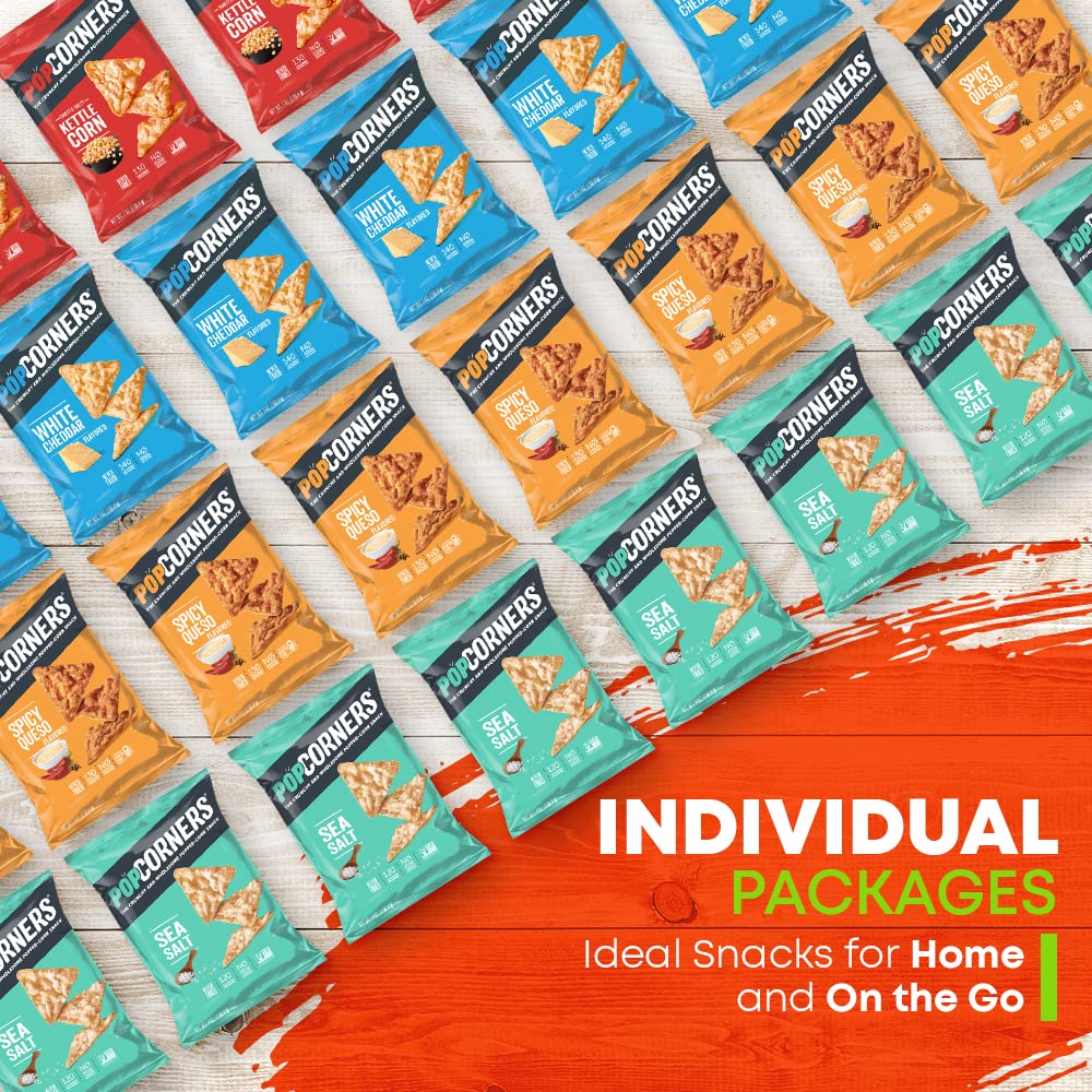 Pop-Corners Snacks Gluten Free Chips, 5 Flavor Variety Pack 28 Count 1 oz Bags Packaged By Doomi, Individual Snack Bags in Sea Salt, White Cheddar, Sweet & Salty, Cinnamon Crunch and Spicy Queso Flavors - Low-Calorie Popcorn Chips for Snacking Care P