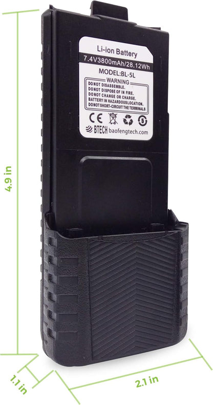 BTECH BL-5L 3800mAh USB-C Charging Li-ion Battery Pack, High Capacity Extended Battery for UV-5X3, BF-F8HP, and BaoFeng UV-5R Series Radios (BL-5 Battery Series)