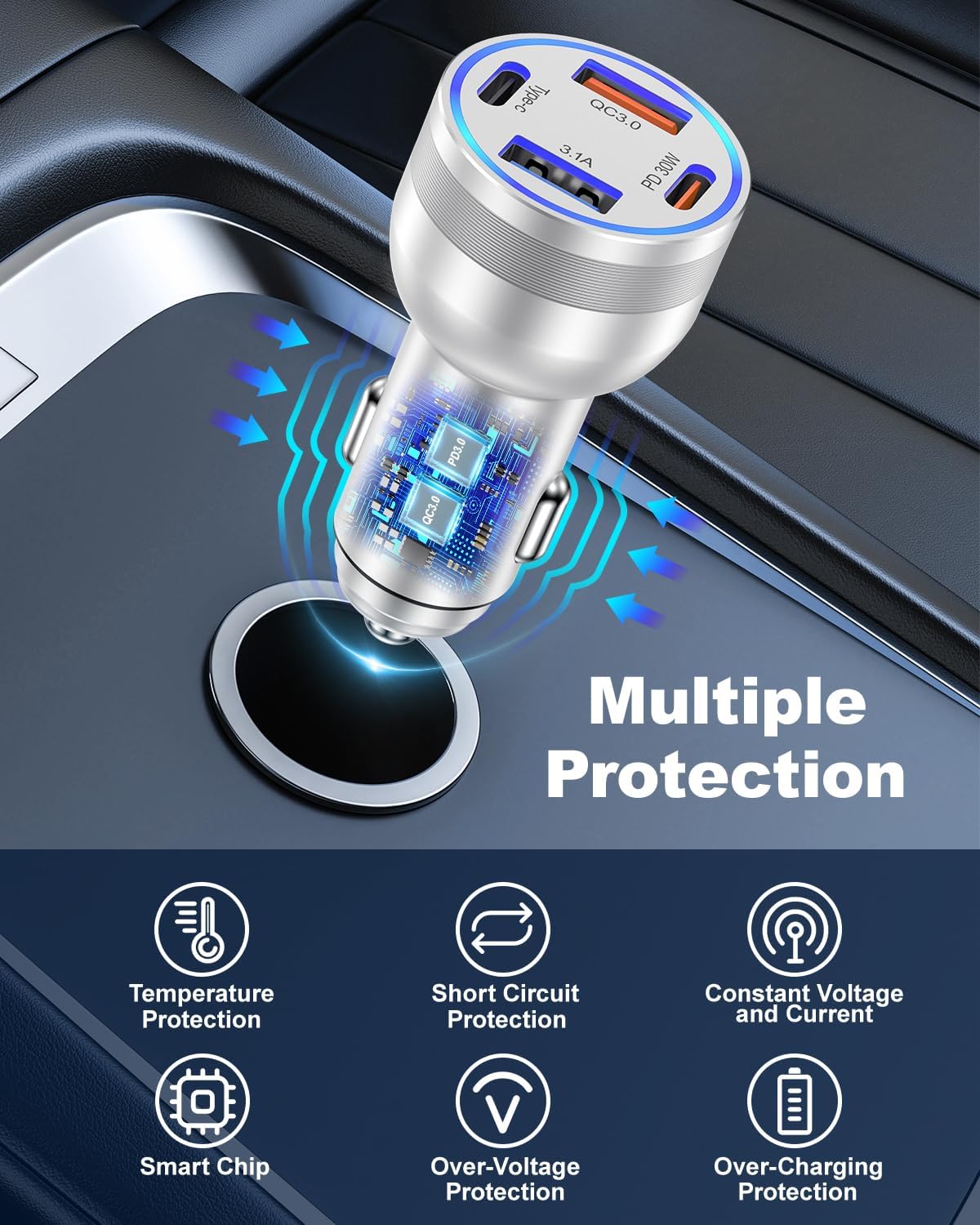 iPhone 16/15 Pro Max Plus Car Charger, Agtray 2Pack 4-Port 65W USB C Car Charger Fast Charging Cigarette Lighter 12v Car Adapter&6FT USB C Braided Cable for iPhone 16 15 Pro Max Plus,iPad Pro/Air/Mini