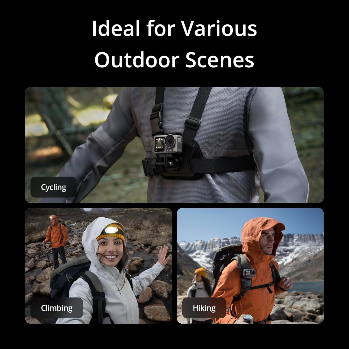 DJI Osmo Action 3 Outdoor Combo, Action Camera 4K with Chest & Backpack Strap Mount for Travel, Sports, Stabilization, Cold Resistant, Waterproof Action Camera with 2 Batteries up to 320 Mins