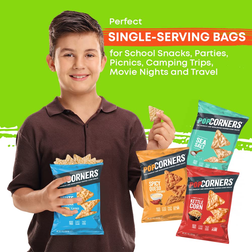 Pop-Corners Snacks Gluten Free Chips, 5 Flavor Variety Pack 28 Count 1 oz Bags Packaged By Doomi, Individual Snack Bags in Sea Salt, White Cheddar, Sweet & Salty, Cinnamon Crunch and Spicy Queso Flavors - Low-Calorie Popcorn Chips for Snacking Care P