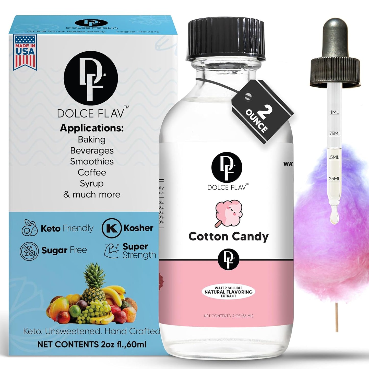 Dolce Flav Natural Cotton Candy Extract - 2 Ounce Water-Soluble Multipurpose Flavoring for Baked Goods, Beverages, Coffee, Desserts & Ice Cream - Perfect Kitchen Gift for Holidays