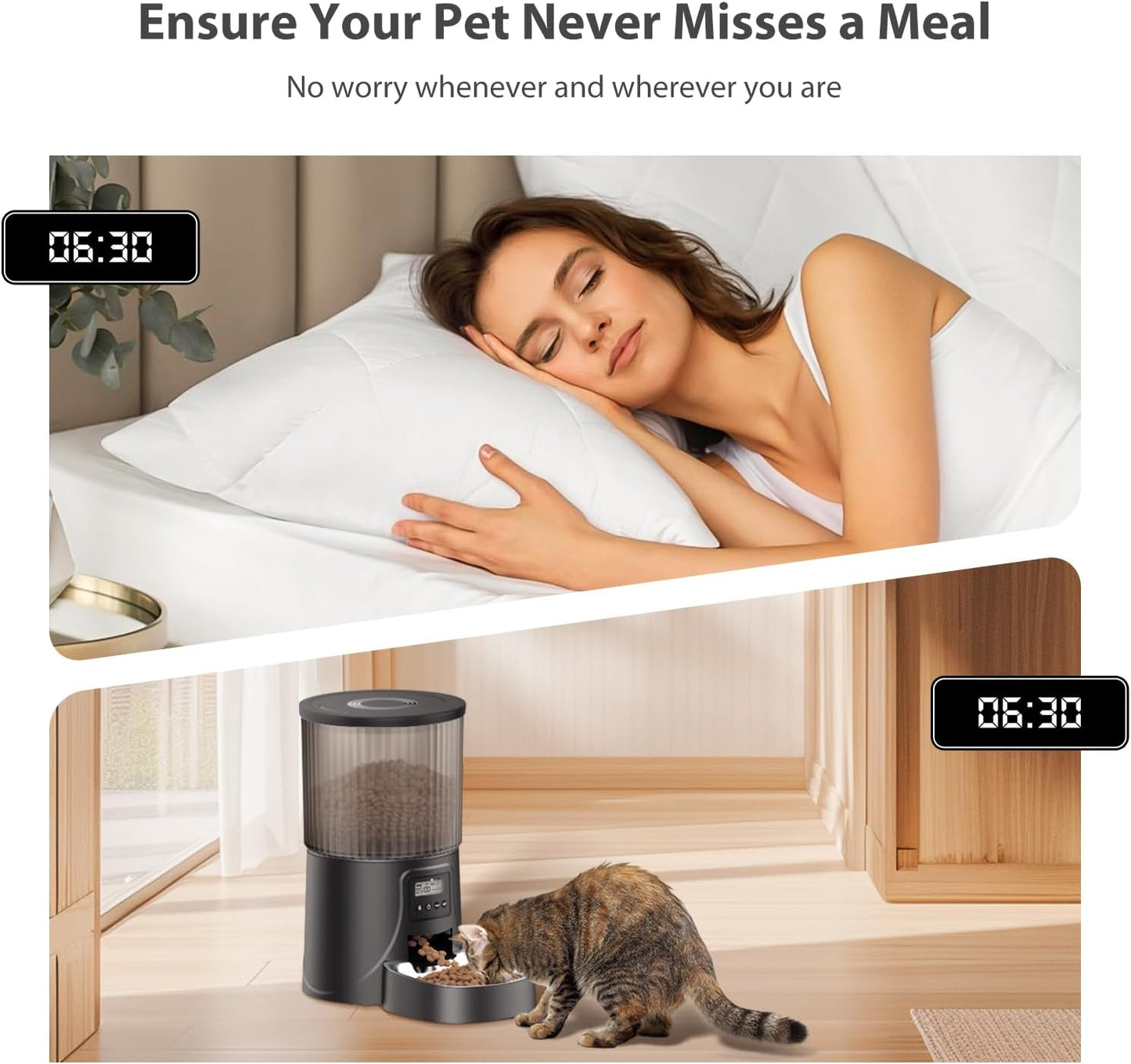 Automatic Cat Food Dispenser, Automatic Cat Feeder Programmable Portion Control, 4L Timed Auto Dog Feeders with Stainless Steel Bowl, Desiccant Bag, Dual Power Supply