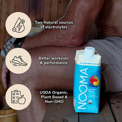 NOOMA - Hydrating Sports Drink - Electrolyte Drink with Organic Coconut Water - Organic & No Added Sugars - Rapid Hydration - 30 Calories & 505mg Electrolytes - Blueberry Peach - 12 Pack (16.9oz each)