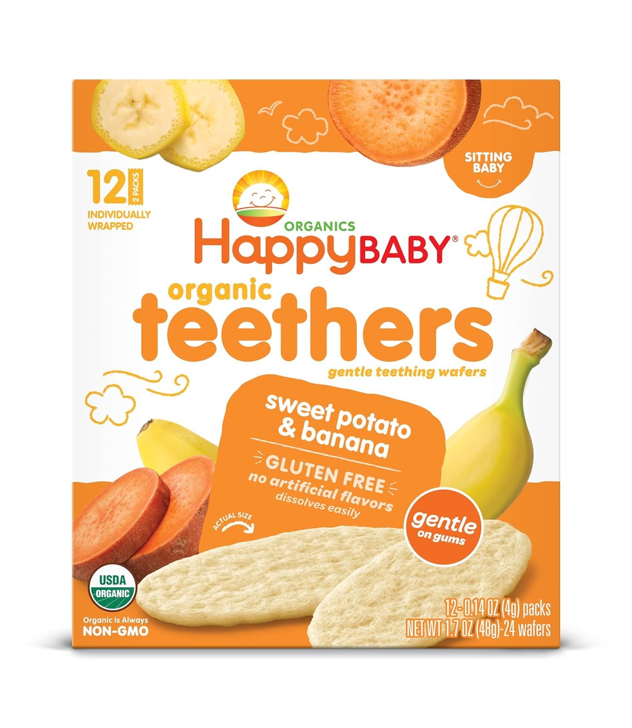 Happy Baby Gentle Teethers Organic Teething Wafers Banana Sweet Potato, 0.14 Ounce Packets (Box of 12) Soothing Rice Cookies for Teething Babies Dissolves Easily Gluten Free No Artificial Flavor
