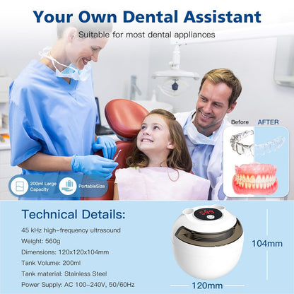 45kHz Ultrasonic Retainer Cleaner Machine, 200ML Denture Cleaner, 4 Modes with Digital Timer Mouth Guard Cleaner for Aligner, Night guard, Braces, Toothbrush, Jewelry(Bright White)