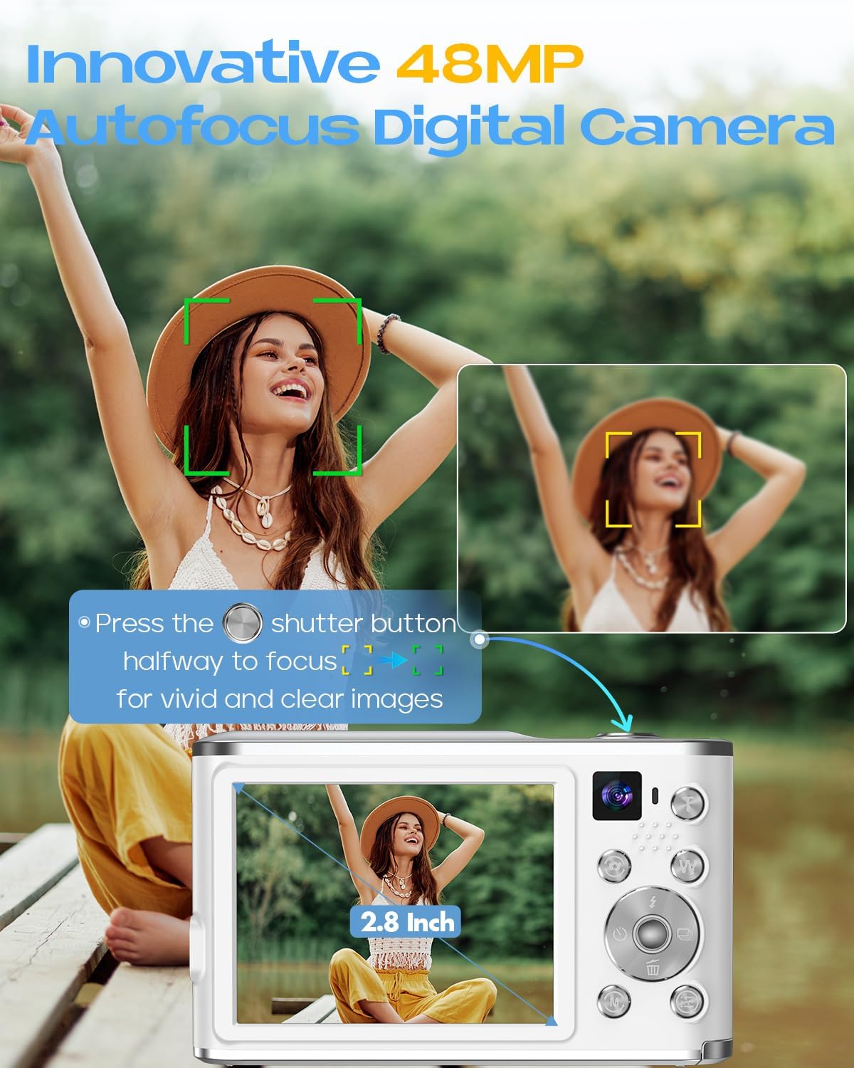 Digital Camera, UHD 4K Digital Camera with Front and Rear Camera, Autofocus 48MP 16X Digital Zoom Vlogging Camera with 32GB Card, 2.8 Inch Screen Compact Photo Shoot Camera for Beginners(White)
