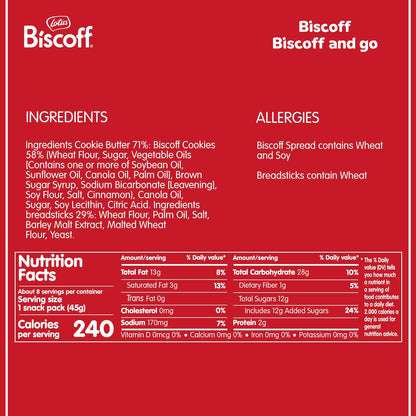 Lotus Biscoff & GO, Cookie Butter and Breadsticks Snack Pack, non GMO + Vegan, 1.6 Oz (Pack of 8)