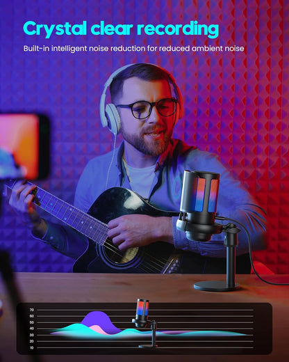 Gaming Microphone, USB PC Mic for Podcasts Videos, Streaming, Condenser Mic with Quick Mute, Tripod Stand, Pop Filter, RGB Indicator, Shock Mount, Rotate gain button, Compatible with PS4/5/PC
