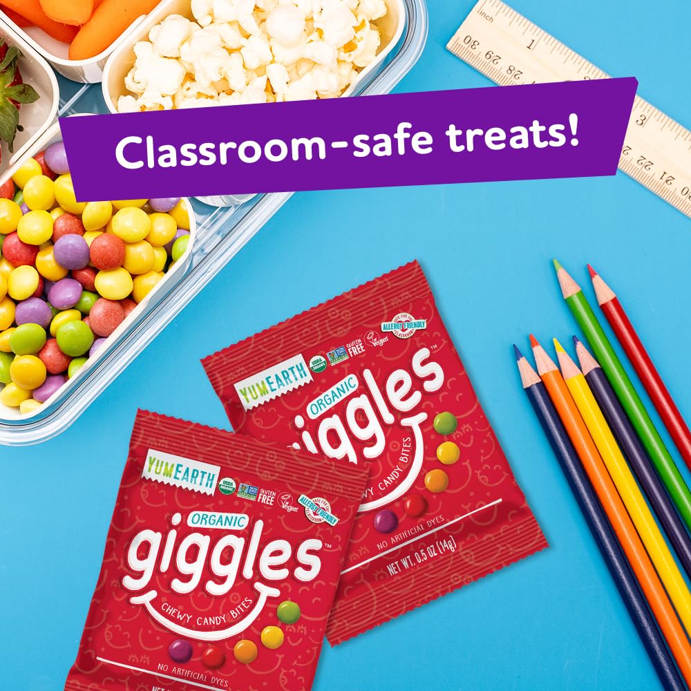 YumEarth Organic Giggles Chewy Candy - Allergy Friendly (Top 9 Free), No Artificial Dyes or Flavors, Non GMO, Gluten Free, Vegan - Individually Wrapped Fruity Snack Packs - 0.5 Ounce (Pack of 10)