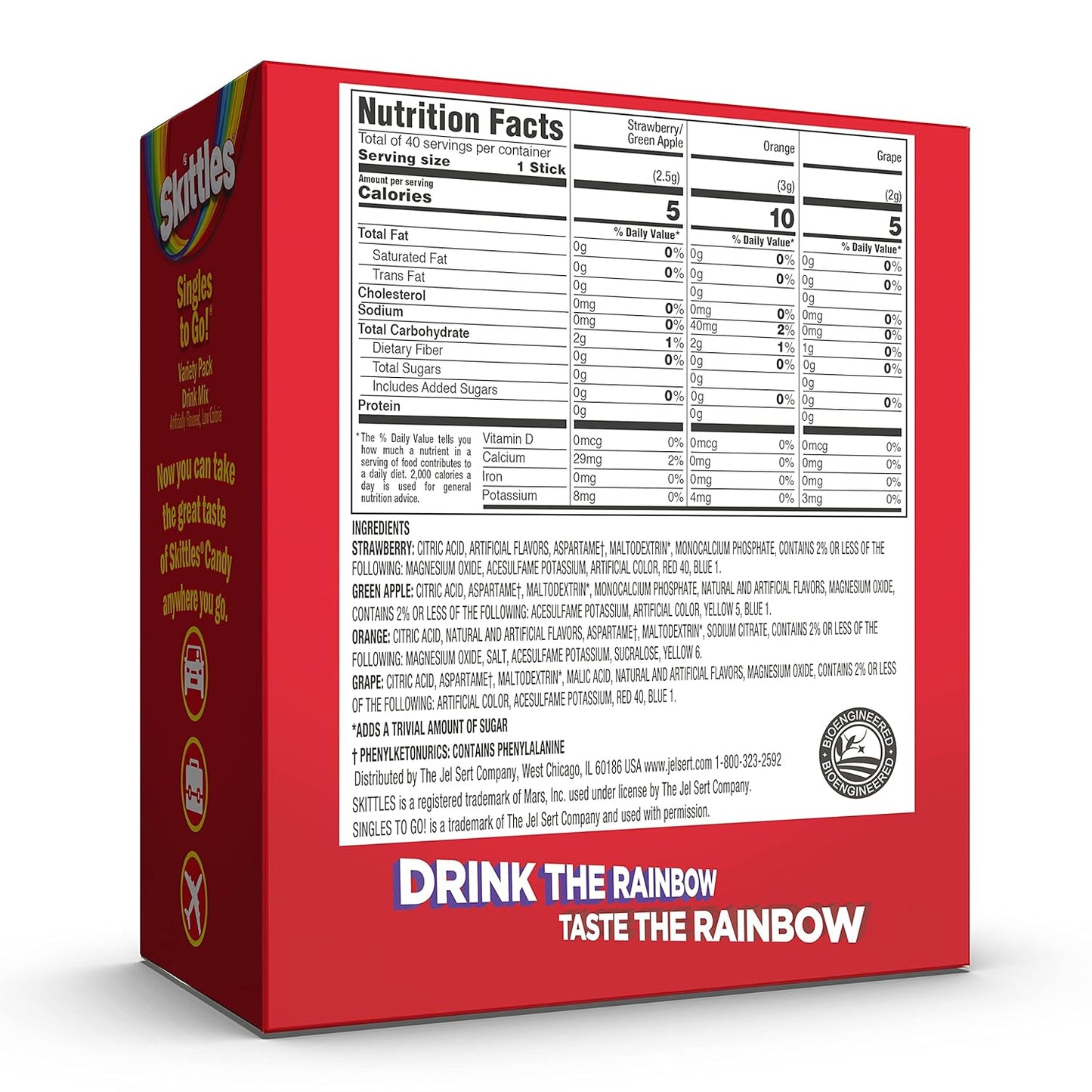 Skittles Zero Sugar Low Calorie Singles To Go Bulk Variety Pack Drink Mix - 2 Boxes of 40 Sticks Each - 80 Total Sticks - 4 Fruity Flavors: Strawberry, Orange, Green Apple and Grape - PACK OF 2