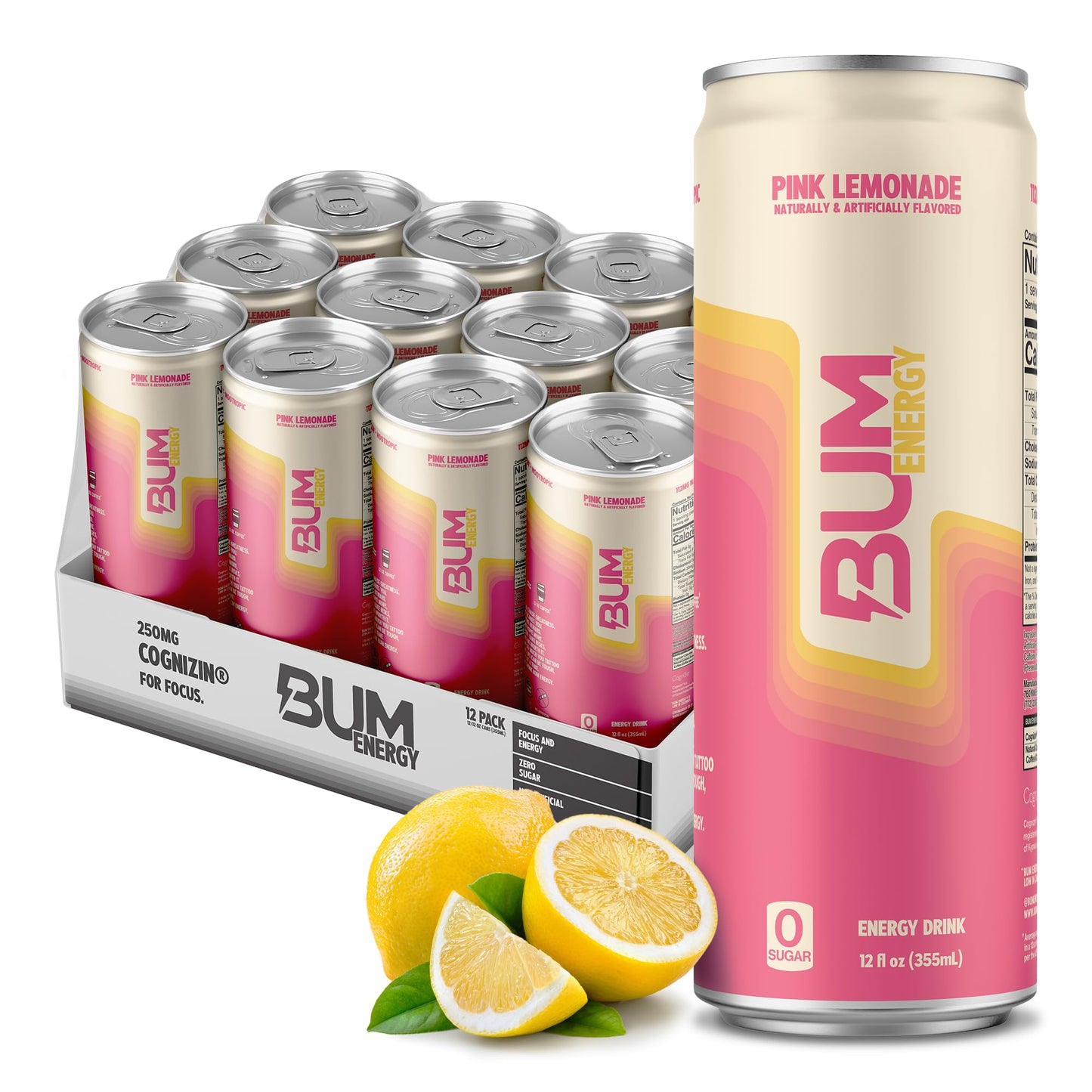 BUM Sugar-Free Energy Drink, Pink Lemonade - Lightly Carbonated & No Artificial Colors, Natural Caffeine & Citicoline for Energy & Focus, Brain Boost & Workout Sports Beverage - 12 oz, Pack of 12