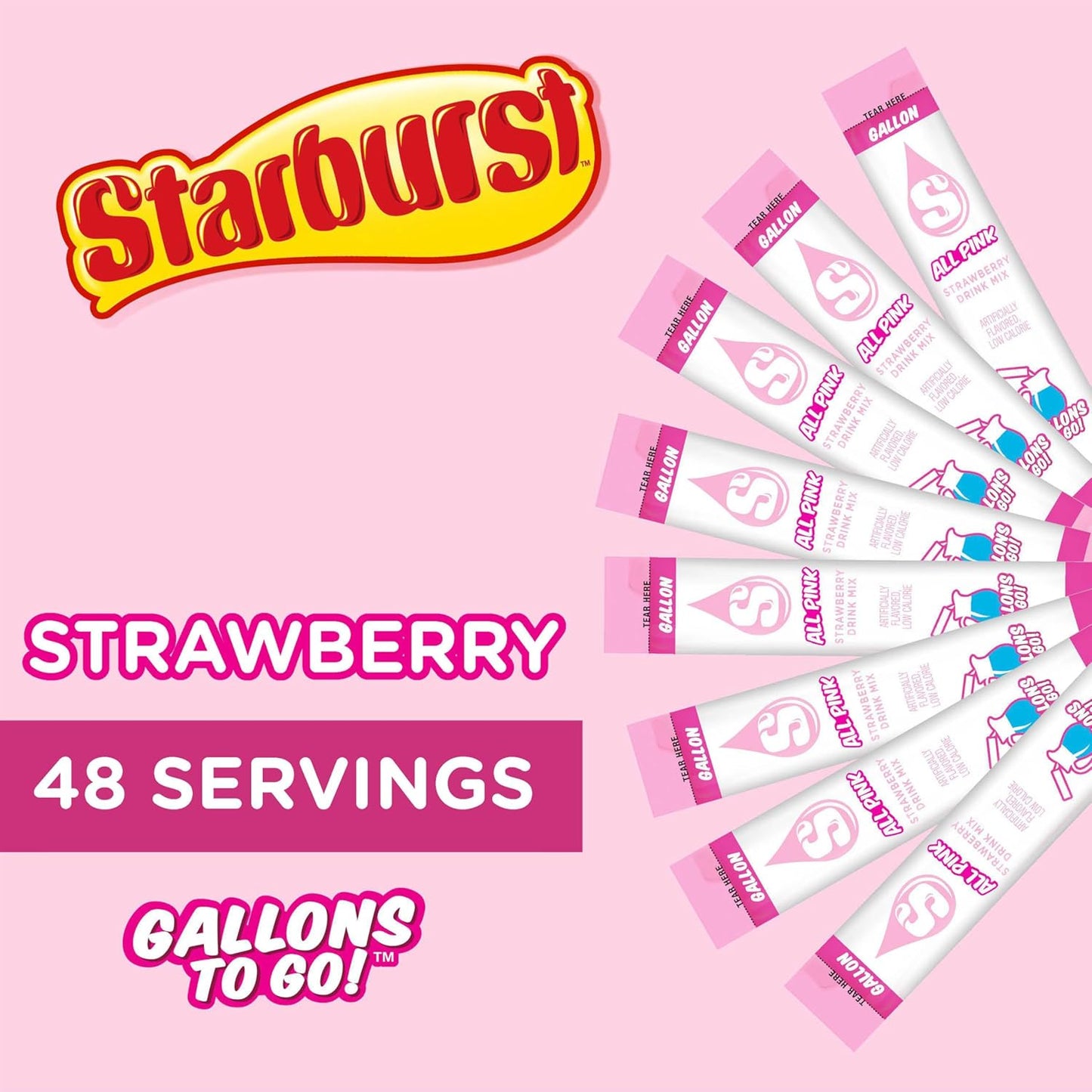 Starburst Gallons To Go Powdered Drink Mix, 8-Count Box (6 Pack), All Pink Strawberry - Low Calorie and Zero Sugar Drink Mix, Each Stick Makes 1 Gallon-Sized Pitcher