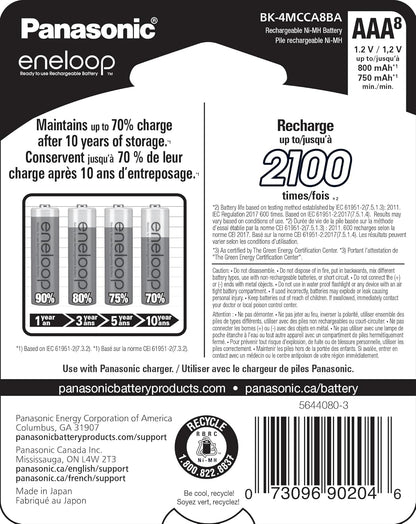 Eneloop Panasonic BK-4MCCA8BA AAA 2100 Cycle Ni-MH Pre-Charged Rechargeable Batteries, 8-Battery Pack