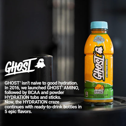 GHOST Hydration Drink, Orange Squeeze - RTD Sports Drinks with Electrolytes for Hydration - Beverage for Athletes - Zero Caffeine & Zero Sugars - 16.9 Fl Oz, 12 Pack