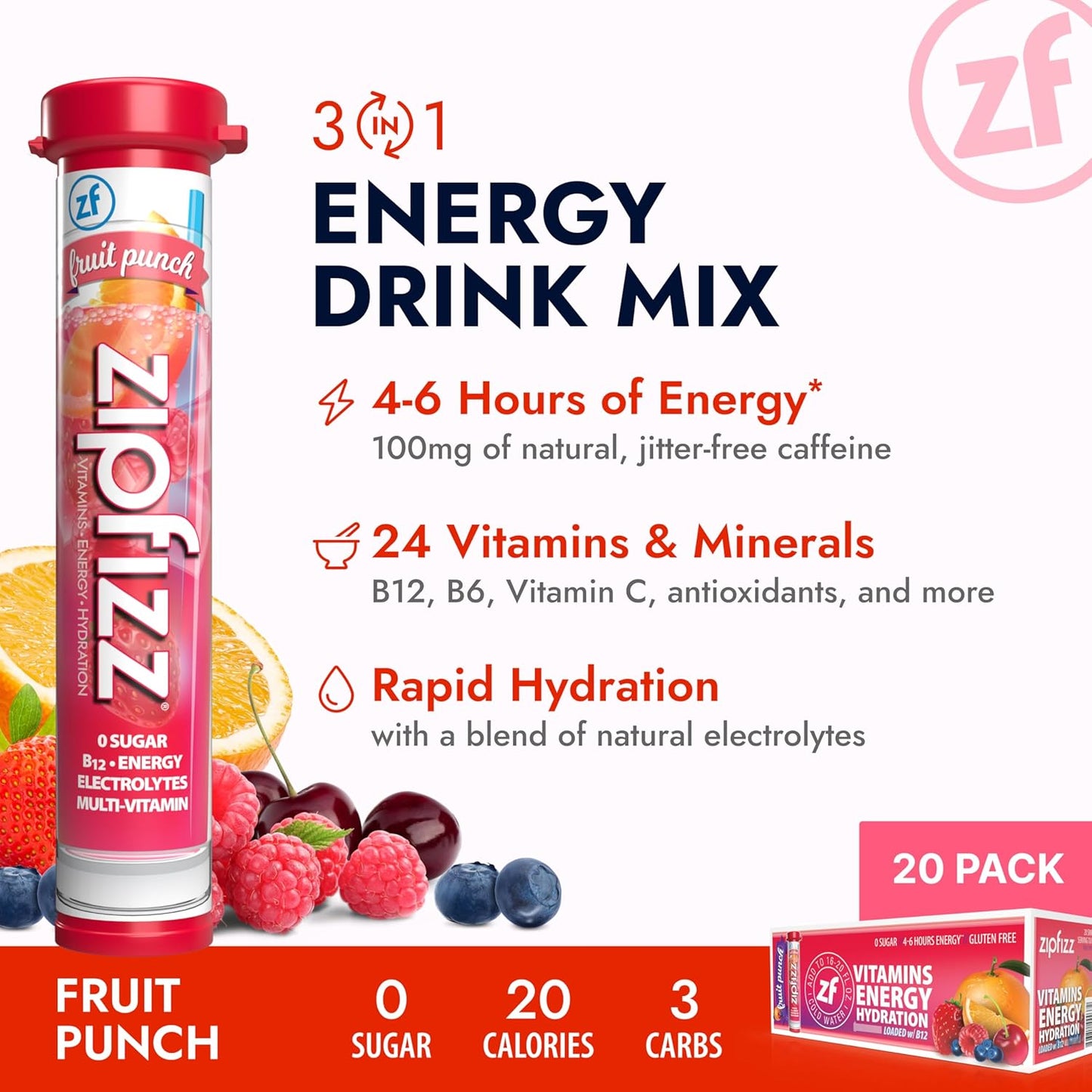 Zipfizz Healthy Energy Drink Mix, Hydration with B12 and Multi Vitamins, Fruit Punch, 20 Tubes (Pack of 1)