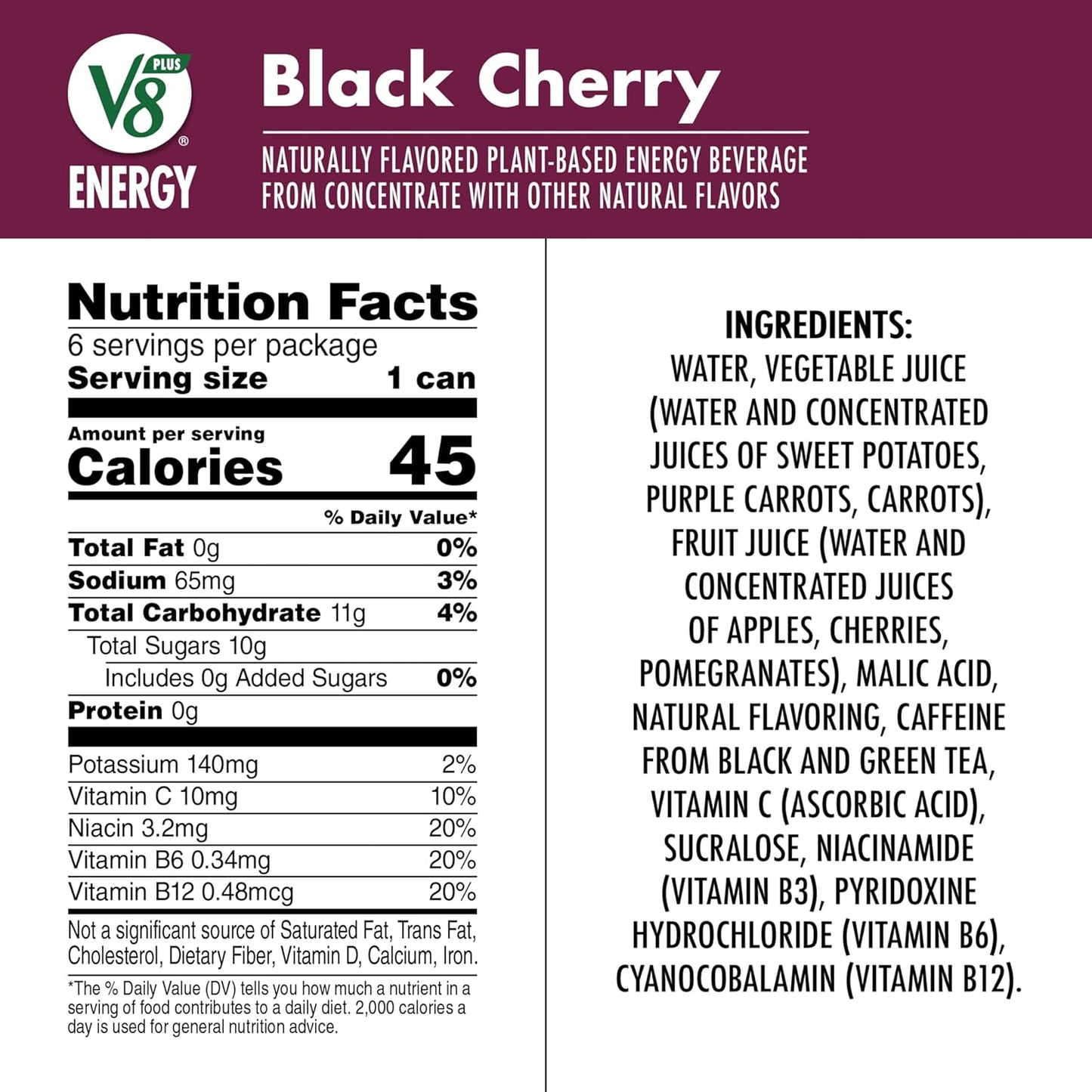 V8 +Energy Black Cherry Juice Energy Drink, 8 fl oz Can (6 Pack)
