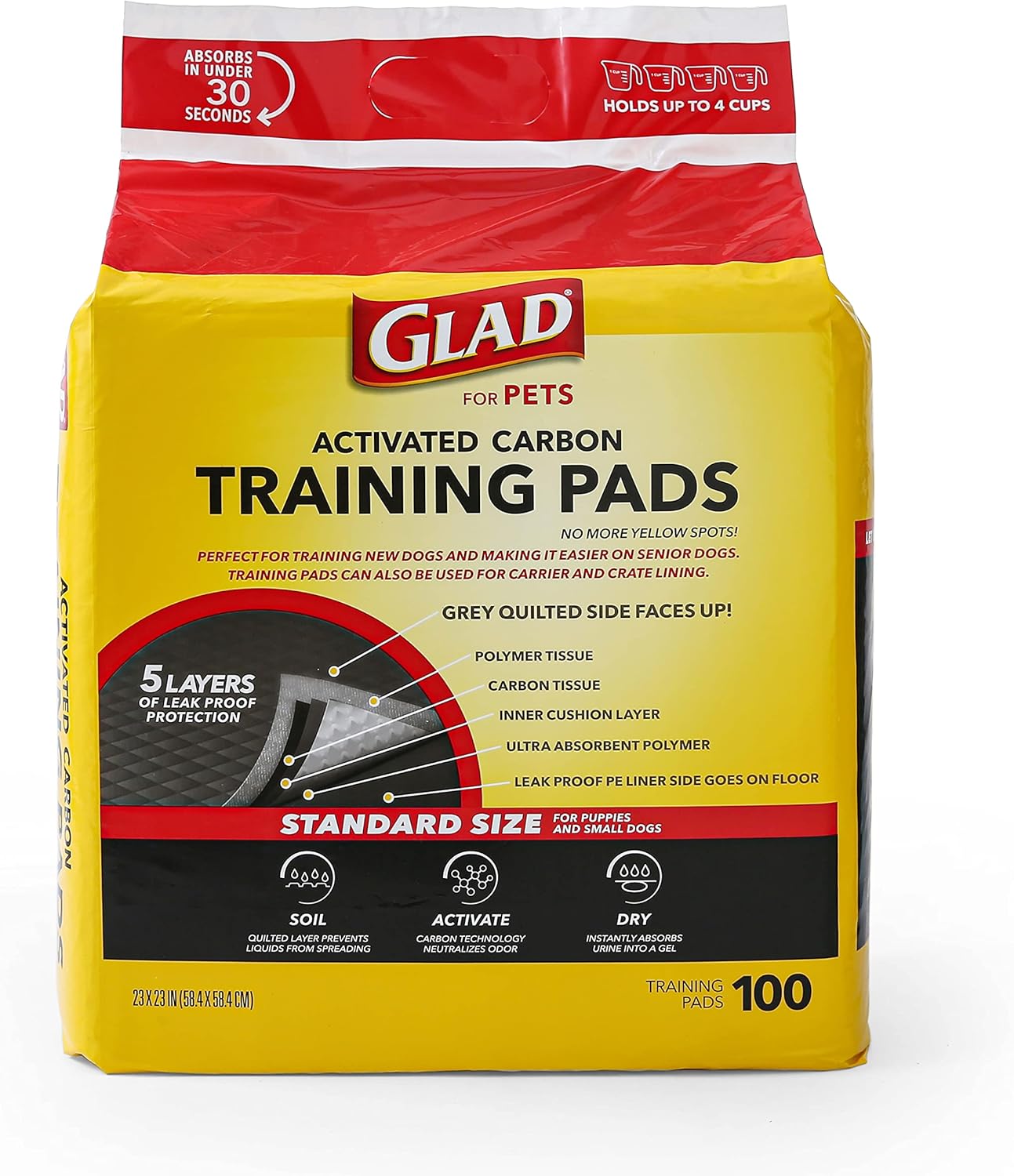 Glad for Pets Black Charcoal Puppy Pads - Super Absorbent Disposable Dog Pee Pads, Potty Training Pads, and Pet Supplies - Dog Pee Pads for Crate Training and Indoor Use 23" x 23" - 100 Count