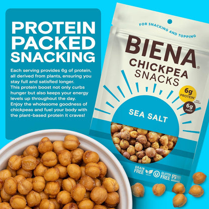 BIENA Chickpea Snacks - Crunchy Roasted Chickpeas - High Fiber Vegan Protein Snacks for Adults and Kids - Individual Pack - Sea Salt