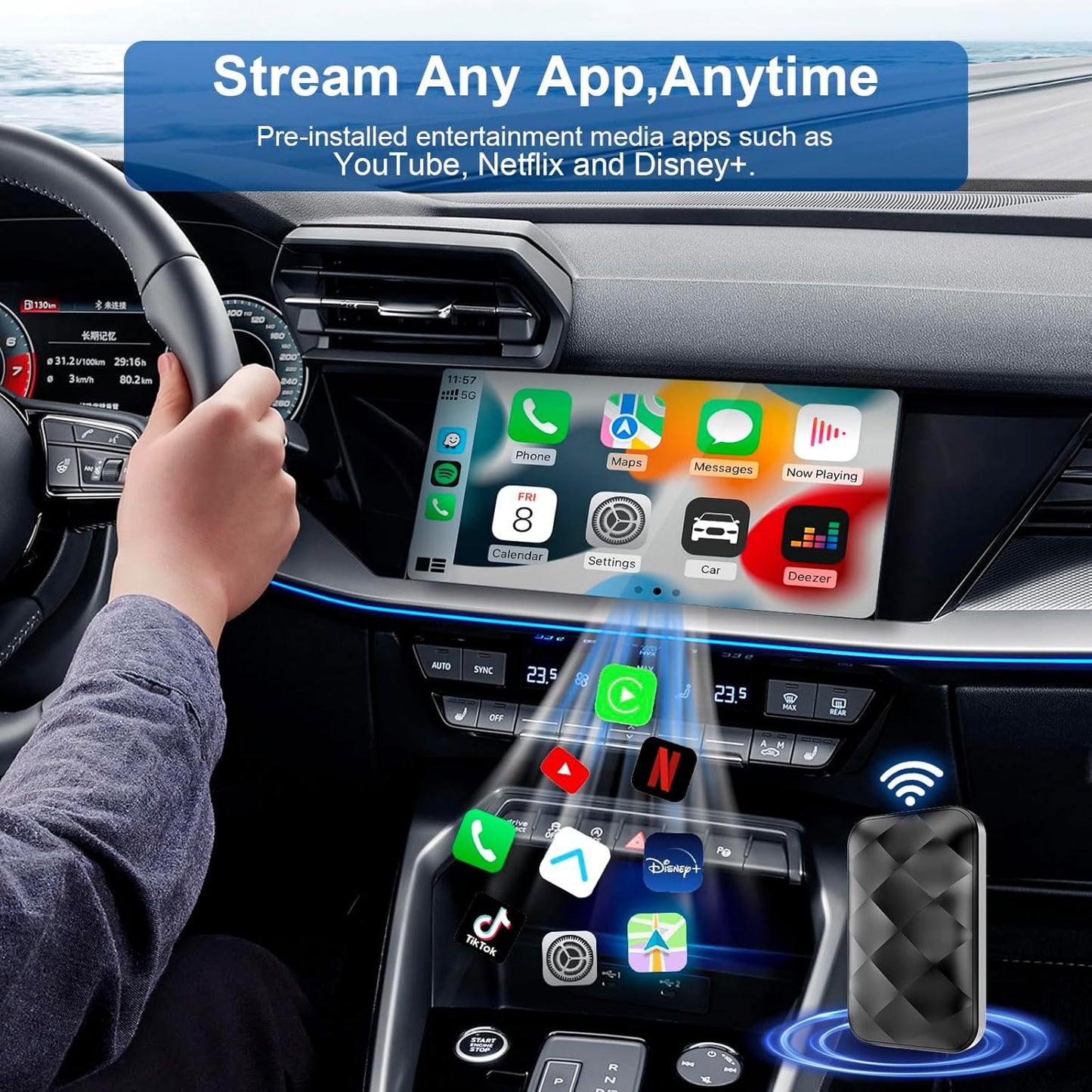 KE'VERSO Wireless CarPlay Adapter & Android Auto Wireless Adapter for iPhone,Magic carplay Ai Box Streaming Device for Cars with OEM Wired CarPlay, Magic Link CarPlay Support Netflix, YouTube, Hulu+