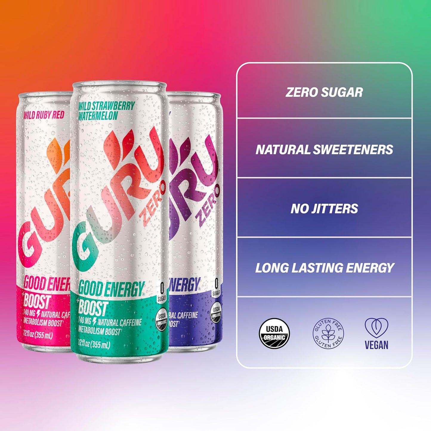 GURU ZERO SUGAR Organic Energy Drinks Variety Pack, Clean Energy Drink with Plant Based Natural Caffeine from Green Tea + Boost, Coconut Water, Prebiotic, Zero Added sugars, Gluten Free and Vegan, Pre Workout, Healthy Drinks, 12oz (Pack of 12)