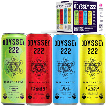 Odyssey 222 Energy Drink, Pre Workout, 222mg Caffeine, Clean Energy Drinks, L Theanine, Lions Mane, Cordyceps & Green Tea for Energy, Focus & Mood Boost, Low Calorie, Variety Pack, 12 Fl oz, 12 Pack