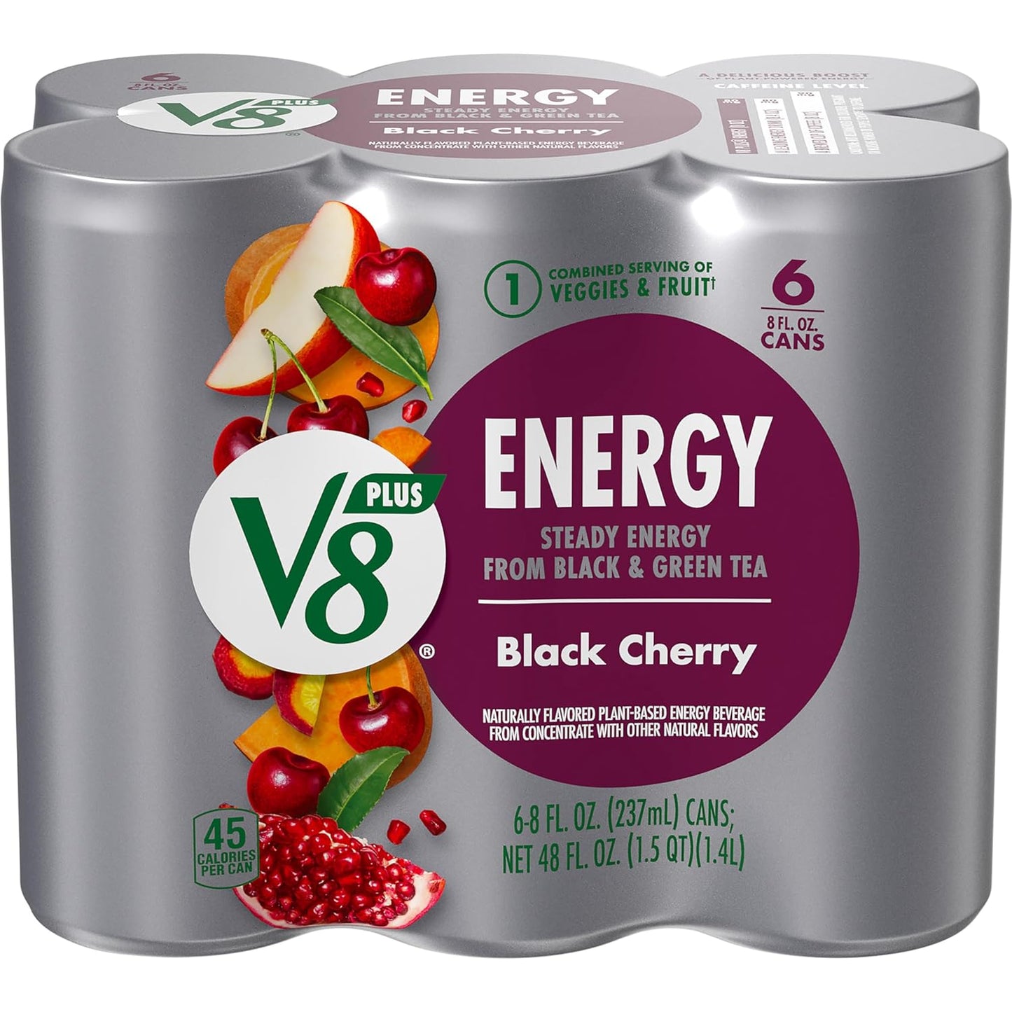 V8 +Energy Black Cherry Juice Energy Drink, 8 fl oz Can (6 Pack)