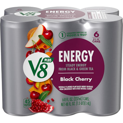 V8 +Energy Black Cherry Juice Energy Drink, 8 fl oz Can (6 Pack)