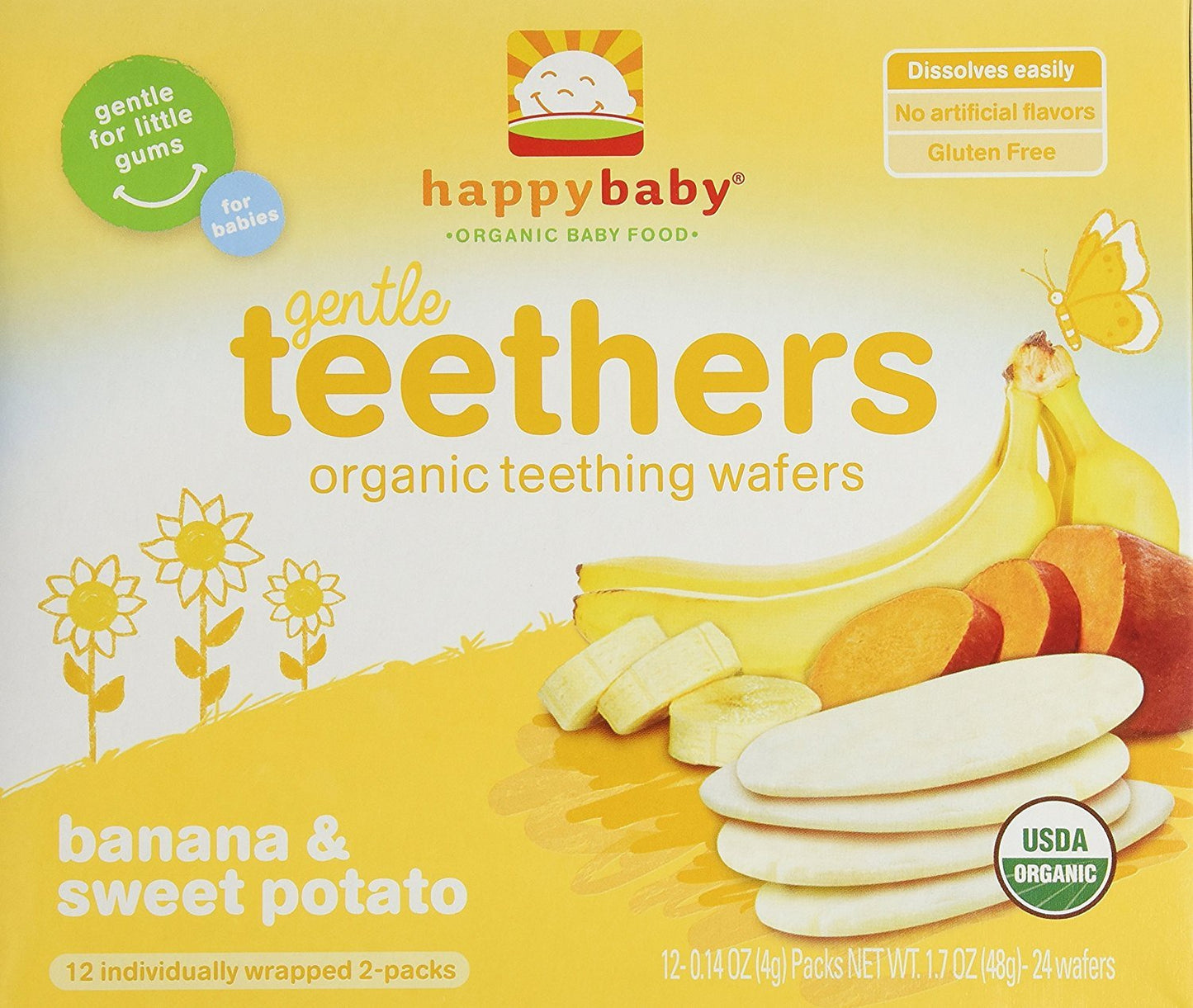 Happy Baby Gentle Teethers Organic Teething Wafers Banana Sweet Potato, 0.14 Ounce Packets (Box of 12) Soothing Rice Cookies for Teething Babies Dissolves Easily Gluten Free No Artificial Flavor