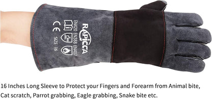 RAPICCA Animal Handling Gloves Bite Proof Double Leather Reinforced Padding Dog,Cat Scratch,Bird Handling Falconry Gloves Grabbing Reptile Squirrel Snake Bite 16in Grey-Black