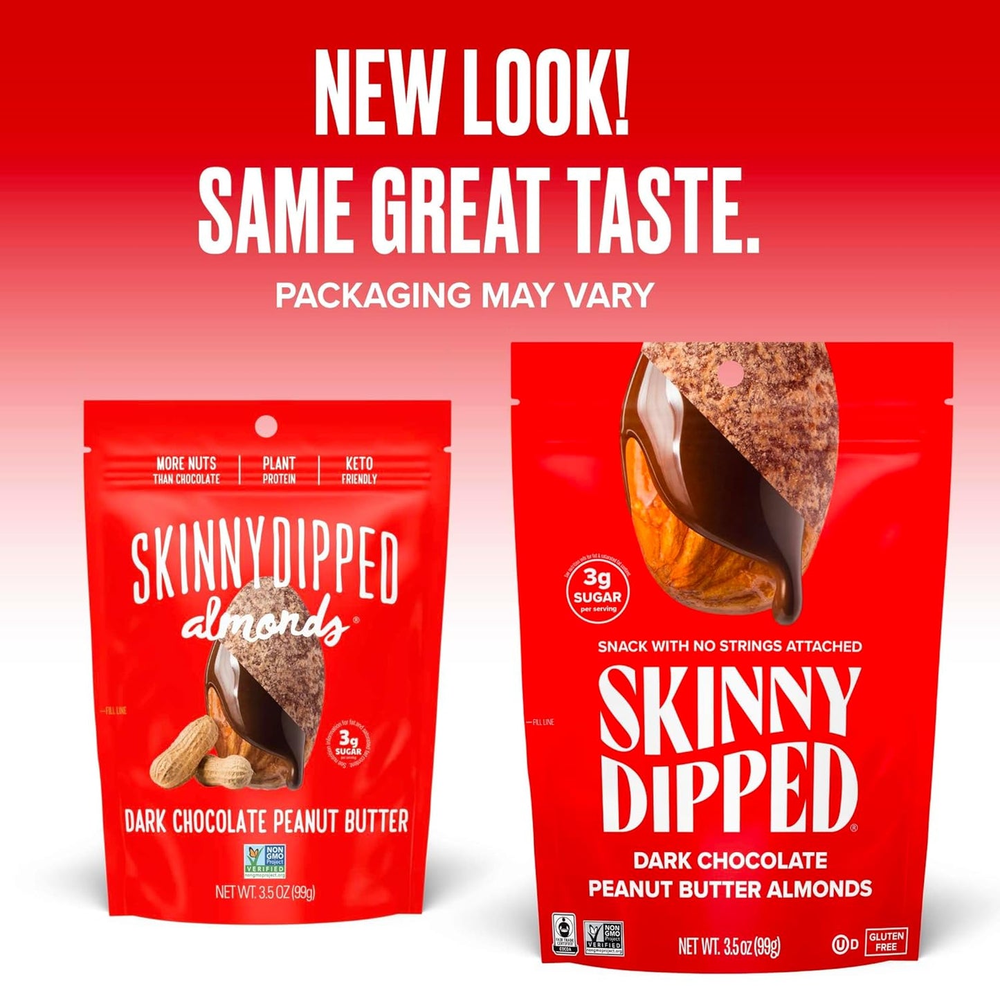 SkinnyDipped Dark Chocolate Peanut Butter Almonds, Healthy Snack, Plant Protein, Gluten Free, 3.5 oz Resealable Bags, Pack of 1