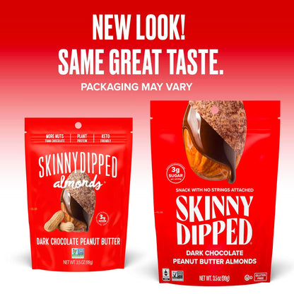 SkinnyDipped Dark Chocolate Peanut Butter Almonds, Healthy Snack, Plant Protein, Gluten Free, 3.5 oz Resealable Bags, Pack of 1
