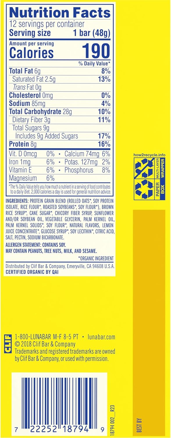 LUNA Bar - LemonZest Flavor - Gluten-Free - Non-GMO - 7-9g Protein - Made with Organic Oats - Low Glycemic - Whole Nutrition Snack Bars - 1.69 oz. (12 Pack)